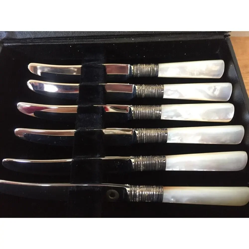 6 Vtg Harhill Marni L Mother of Pearl Germany Stainless Silverplate Knife Set